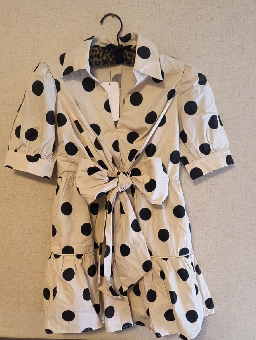 Polka Dot Tie-Front Dress in Cream and Black